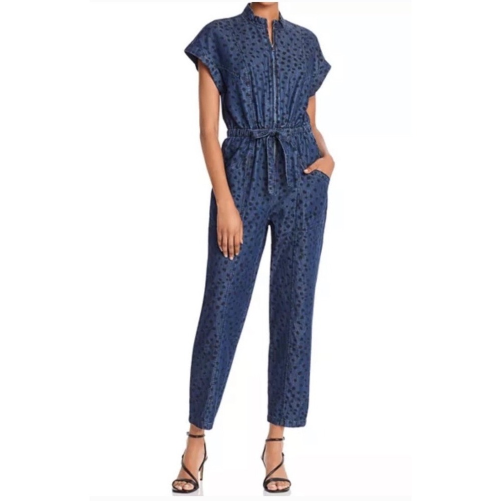 La Vie Rebecca Taylor Faune Animal-Print Denim Jumpsuit Belt Women's Large Blue